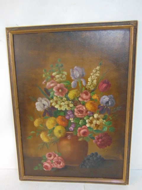 Painting, floral still-life, signed H.L. Sanger, in old master style, oil on board, 36" by 26", (1 of 4)