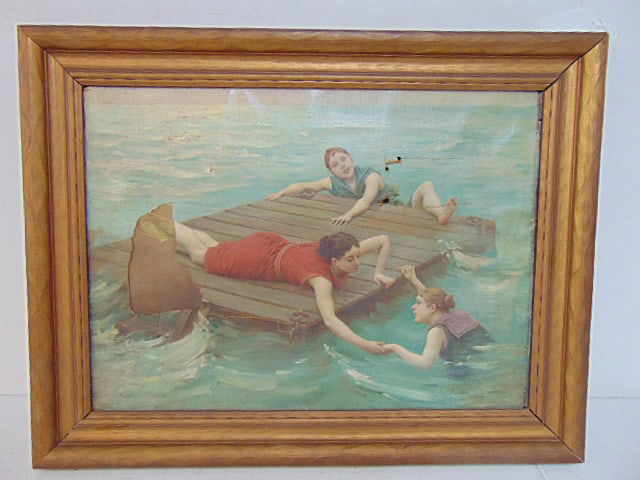 Painting, 3 girls on swimming raft, signed Siebert (?), oil on canvas, has damage, several years, (1 of 6)