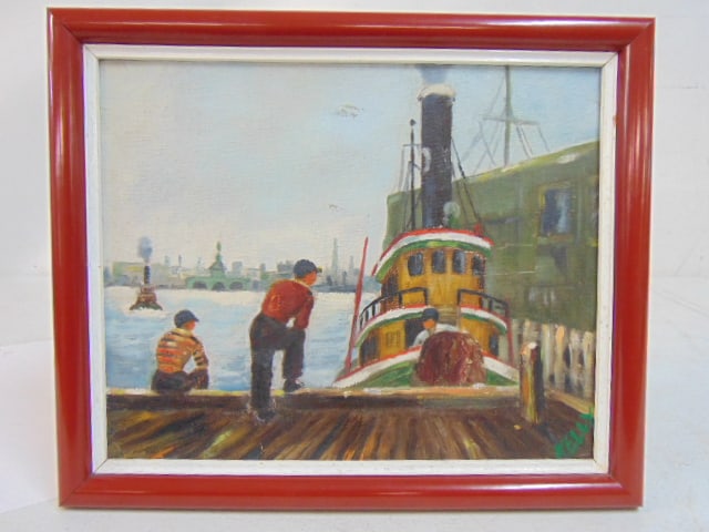 Painting, figures by tug in harbor, Michael Kelly, oil on canvas board, 9.5" by 11.5" framed size. (1 of 4)