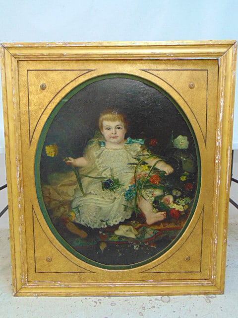 Painting, girl with flowers, oil on canvas laid down on double panel of Masonite, framed, note, (1 of 5)