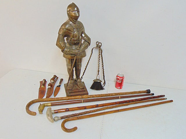 Suit of armor fireplace tool set, 3 knives & 5 walking canes, knight broken at waist, height is 26": Suit of armor fireplace tool set, 3 knives & 5 walking canes, knight broken at waist, height is 26"
