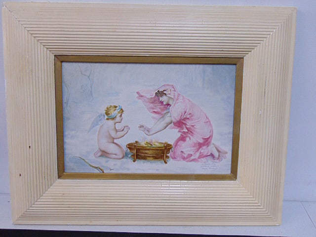Painting on porcelain, woman & putti in snow by fire, signed Berthe Pascoult, 7 5/8" by 11 5/8",: Painting on porcelain, woman & putti in snow by fire, signed Berthe Pascoult, 7 5/8" by 11 5/8", framed size is 15.25" by 19.25"
