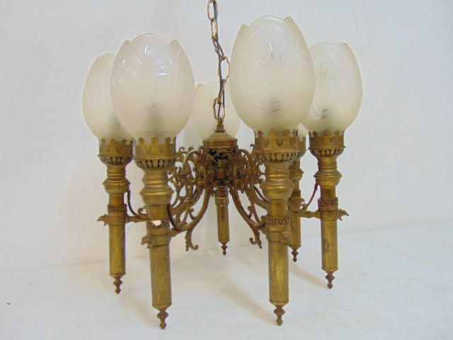 Brass chandelier with 7 arms, each arm with frosted glass shade, fixture is 17.5" in diameter, (1 of 5)