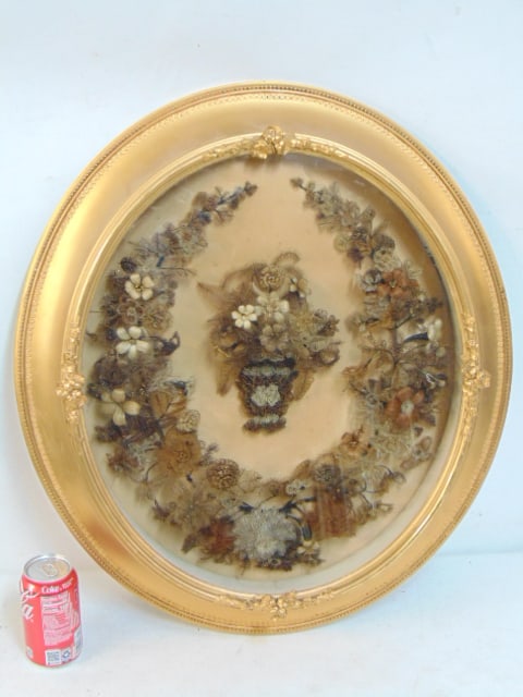 Victorian hair wreath, in shadow box style frame, 25 5/8' by 22.75" (1 of 4)