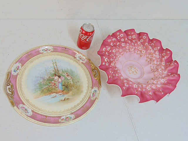 Satin enameled glass basket bowl & decorative Austrian porcelain charger, bowl is 14.5" in diameter,: Satin enameled glass basket bowl & decorative Austrian porcelain charger, bowl is 14.5" in diameter, charger is 15"