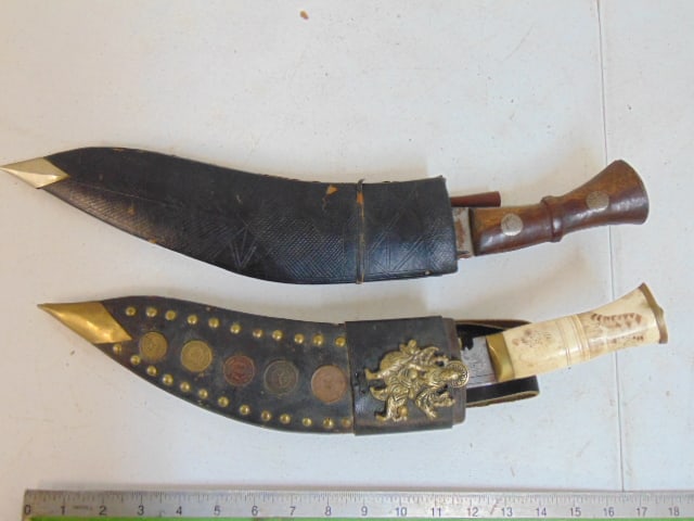 2 Nepal Kukri knives, one with decorated sheath & carved bone handle, 18.5" long: 2 Nepal Kukri knives, one with decorated sheath & carved bone handle, 18.5" long