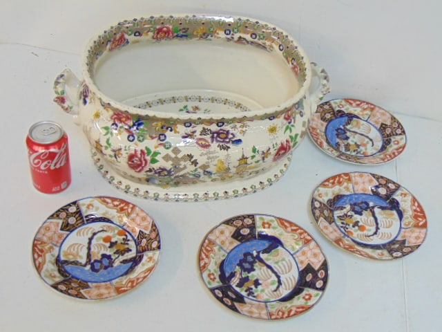 Ironstone foot bath, "Chinese Temple", plus 4 Imari style plates, footbath decorated with temples, (1 of 7)