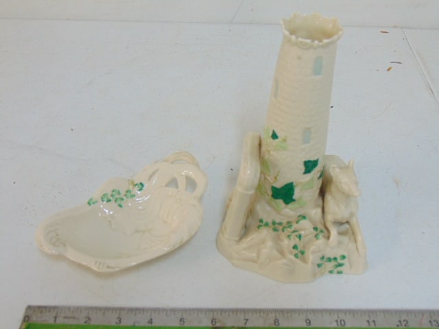 2 pieces of Belleek Irish porcelain, lighthouse vase with dog at base & small dish, girl with harp, (1 of 7)