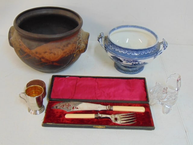 Group lot, Ironstone bowl, "Byzantium", jardiniere, glass squirrel form nut bowl, brass box with (1 of 10)