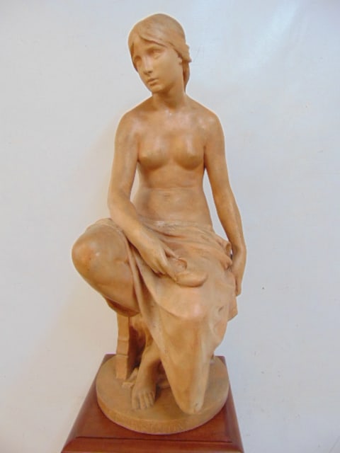 Terra cotta statue, "Cendrillon", signed Emile Namur, (Cinderella), comes with mahogany pedestal, (1 of 7)