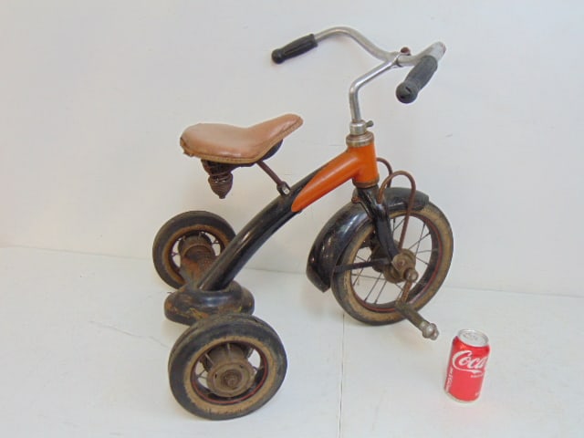 Vintage child's tricycle, spring mounted seat, tires worn, 26" long, 18.5" wide, height is 24": Vintage child's tricycle, spring mounted seat, tires worn, 26" long, 18.5" wide, height is 24"