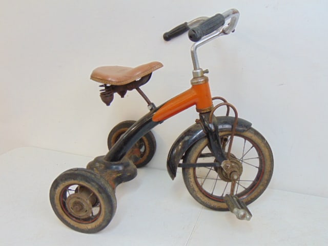 Vintage child's tricycle, spring mounted seat, tires worn, 26" long, 18.5" wide, height is 24" - 2
