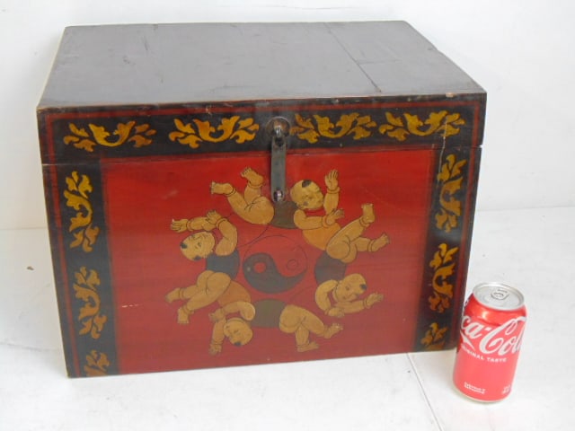 Chinese box with painted scene of children, box is 18" wide, 13.25" deep, 12.75" tall.: Chinese box with painted scene of children, box is 18" wide, 13.25" deep, 12.75" tall.