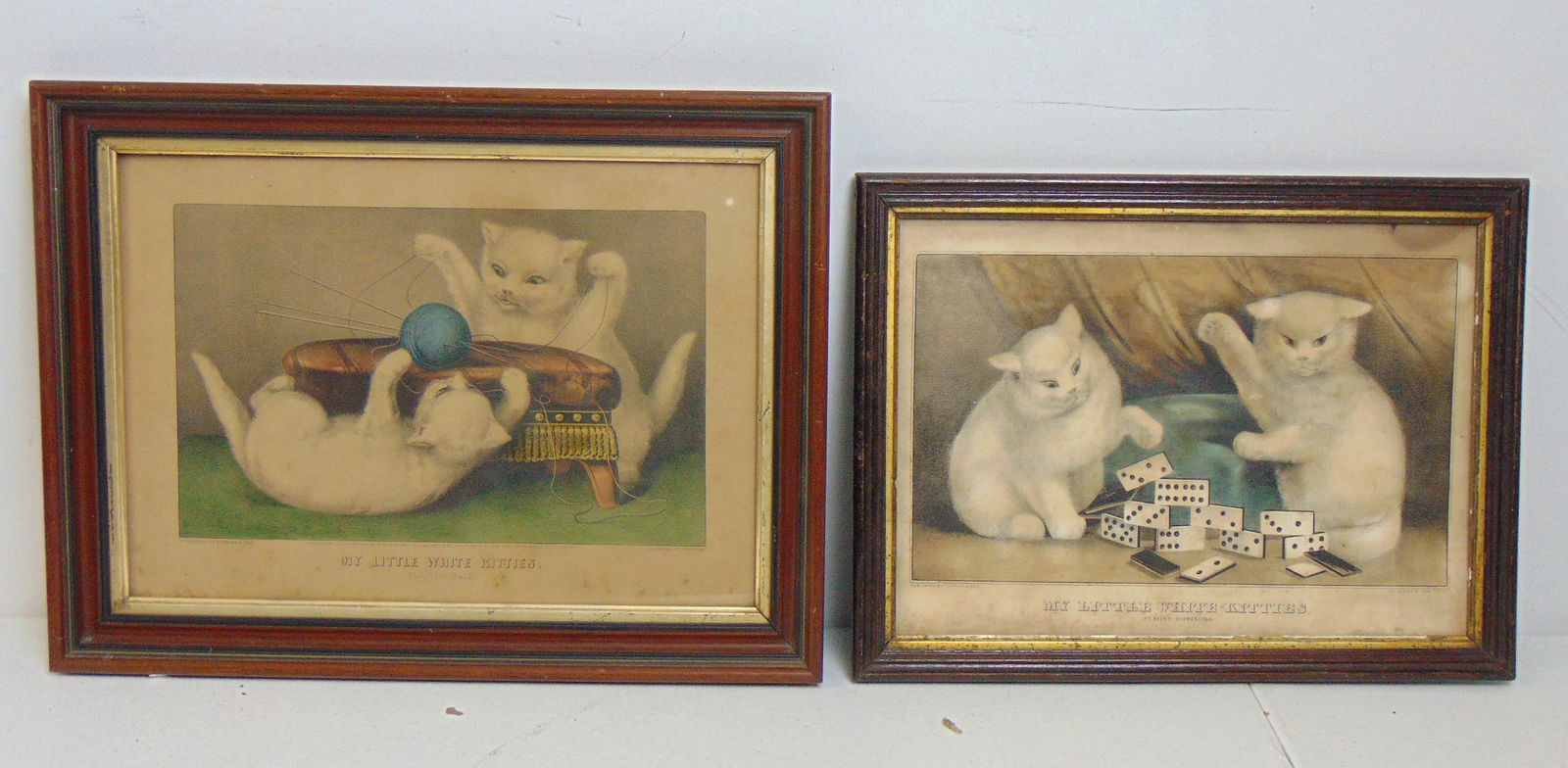 2 Currier & Ives prints, "My Little White Kitties, Playing Dominoes" & "My Little White Kitties,: 2 Currier & Ives prints, "My Little White Kitties, Playing Dominoes" & "My Little White Kitties, Playing Ball", both framed, 12" by 15.75" & 13.5" by 18.25"