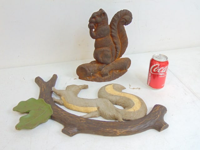 Cast iron squirrel doorstop & carved wood squirrel, doorstop is 11" tall, carved wood is 20.25" wide: Cast iron squirrel doorstop & carved wood squirrel, doorstop is 11" tall, carved wood is 20.25" wide