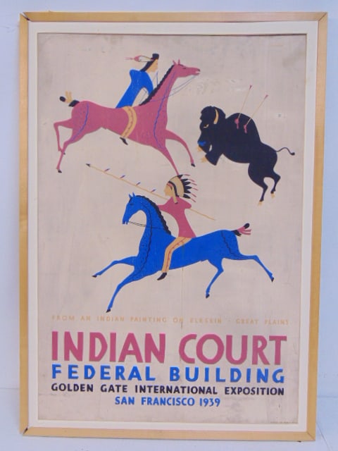 WPA Poster, "Indian Court Federal Building, Golden Gate International Exposition, San Francisco: WPA Poster, "Indian Court Federal Building, Golden Gate International Exposition, San Francisco 1939", marked Siegrist upper right corner, 37.25" by 26 3/8", laid down on Masonite