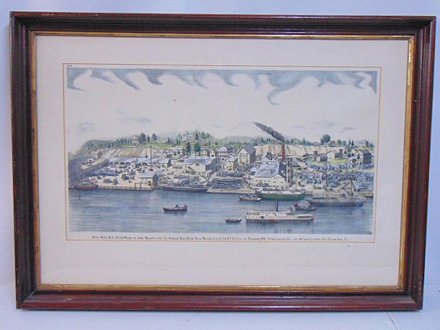 Lithograph, "North River Blue Stone Works", print shows the stone works along the Hudson River,: Lithograph, "North River Blue Stone Works", print shows the stone works along the Hudson River, Ulster County, 15.25" by 27", framed size is 25.5" by 35.5"