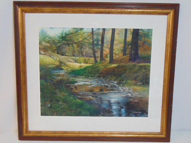 Painting, stream in woods, signed M. Worthman, AWS, 20.5" by 25.25", framed size is 32.5" by 36.5": Painting, stream in woods, signed M. Worthman, AWS, 20.5" by 25.25", framed size is 32.5" by 36.5"