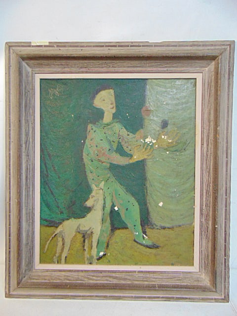 Painting, the juggler, signed illegibly, dated 1951, oil on canvas, juggler with dog, Picasso style,: Painting, the juggler, signed illegibly, dated 1951, oil on canvas, juggler with dog, Picasso style, has some flaking, I.F.A. Gallery label, canvas is 23.75" by 19.75", framed size is 31.5" by 27.5"
