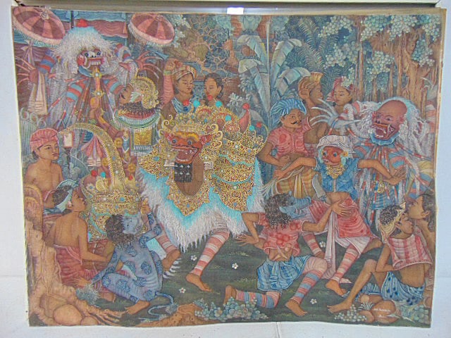 Painting, Bali scene with procession, various figures, signed Sutardja, on canvas, 19.75" by 25.75": Painting, Bali scene with procession, various figures, signed Sutardja, on canvas, 19.75" by 25.75"