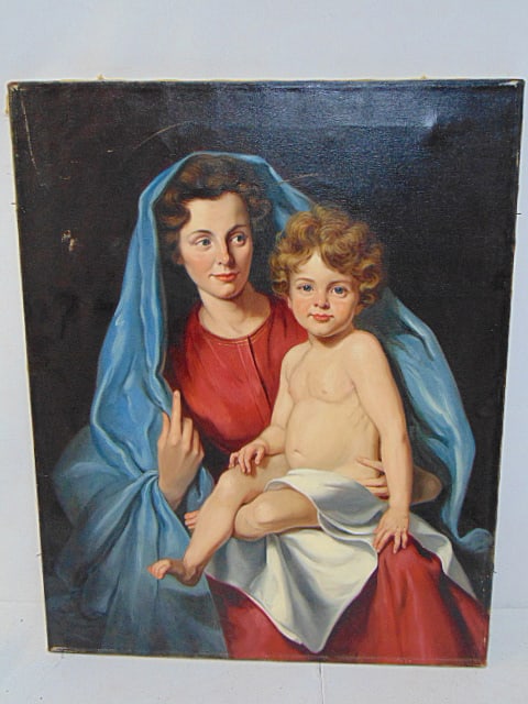 Painting, mother & child, signed R.L. Anderson, 1968, illustration style, oil on canvas, unframed,: Painting, mother & child, signed R.L. Anderson, 1968, illustration style, oil on canvas, unframed, 36.5" by 29"