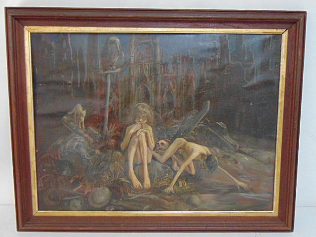 Painting, "The Survivors", signed Frank von der Lancken, 18' by 24", framed size is 21.75" by 27.75": Painting, "The Survivors", signed Frank von der Lancken, 18' by 24", framed size is 21.75" by 27.75"