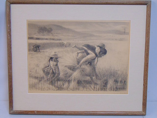 Lithograph, "Workers in a wheat field", signed Lewis W. Rubenstein, 12/30, 15.25" by 21", framed: Lithograph, "Workers in a wheat field", signed Lewis W. Rubenstein, 12/30, 15.25" by 21", framed size is 24" by 29.5"