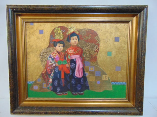 Painting, Asian children in traditional dress, watercolor with applied gilt, signed Smiton, 1978, (1 of 5)
