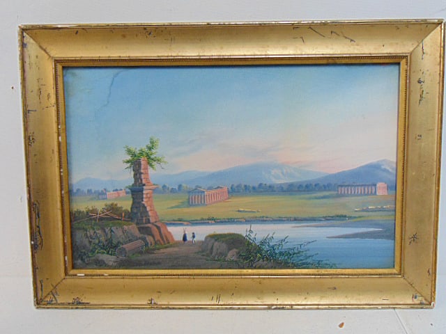 Painting, Italian landscape with ruins, figures, gouache watercolor, unsigned, 10.5" by 16.75", (1 of 4)