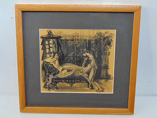 Painting, two figures, French illustration, unsigned, 7.5" by 8 5/8", framed size is 13" by 14", (1 of 4)