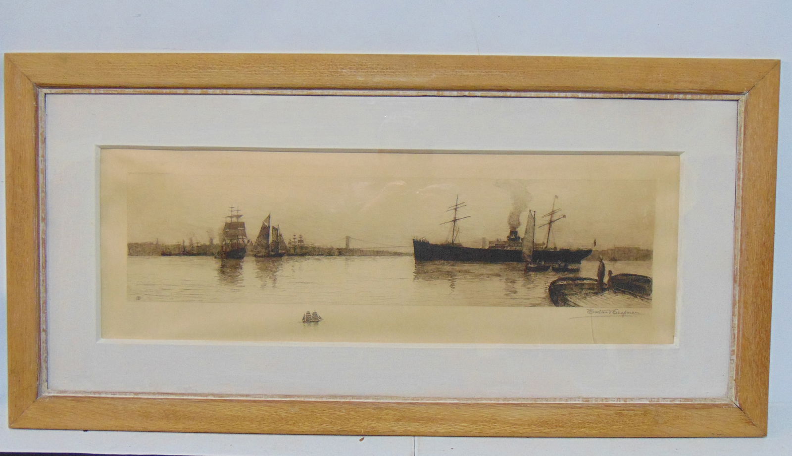 Etching, New York harbor scene by Carlton Chapman, various boats, steam & sail with suspension (1 of 6)