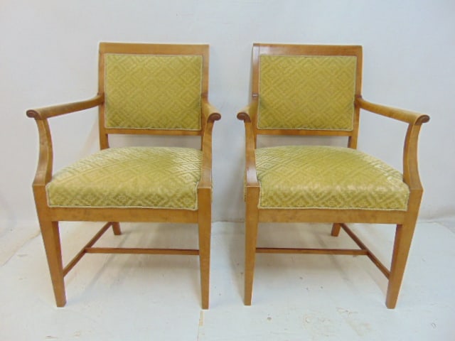 Pair vintage Swedish arm chairs, wood frames, upholstered seat & back (1 of 4)