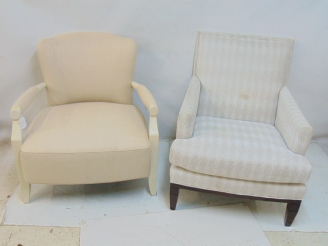 2 upholstered chairs, armchair with white painted wood frame and upholstered armchair with striped (1 of 4)