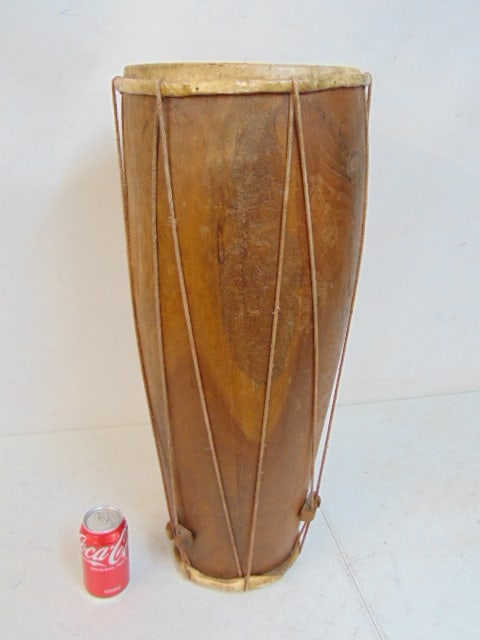 Wood barrel drum, leather, wood, drum is 27" tall, 11.5" in diameter.: Wood barrel drum, leather, wood, drum is 27" tall, 11.5" in diameter.
