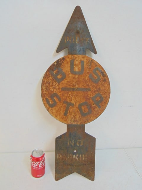 Steel painted sign, Police, Bus Stop, No Parking, in arrow form, 30" by 12" (1 of 5)