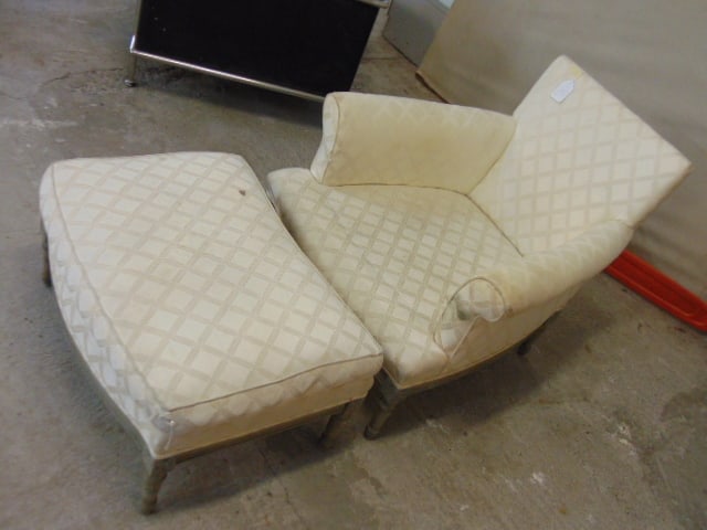 Upholstered chair & ottoman, carved wood legs and white upholstery, chair is missing seat pillow (1 of 4)