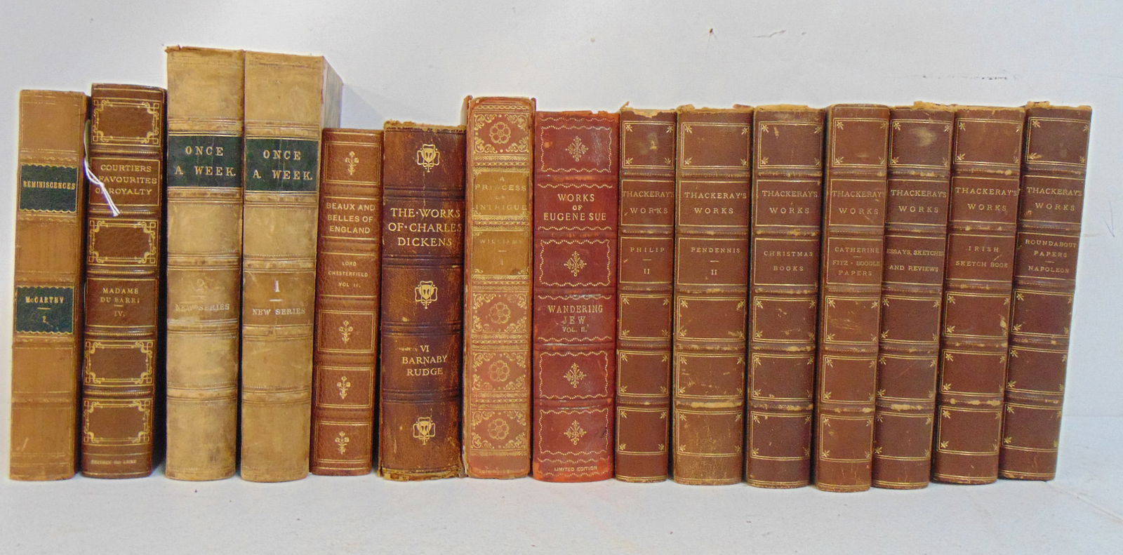 Lot leatherbound books, various titles, 7 volumes Thackeray's Works, Dickens, more, see images: Lot leatherbound books, various titles, 7 volumes Thackeray's Works, Dickens, more, see images