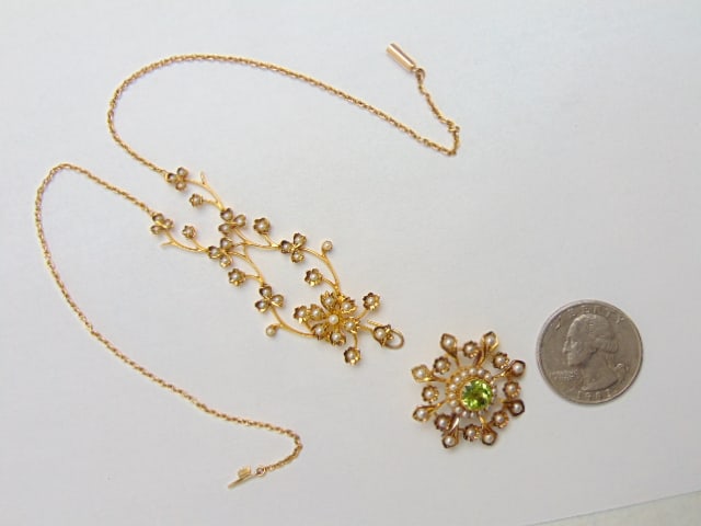 Jewelry. Gold Necklace with pendant/pin, hallmark 15CT, seed pearls & faceted green stone approx. (1 of 5)