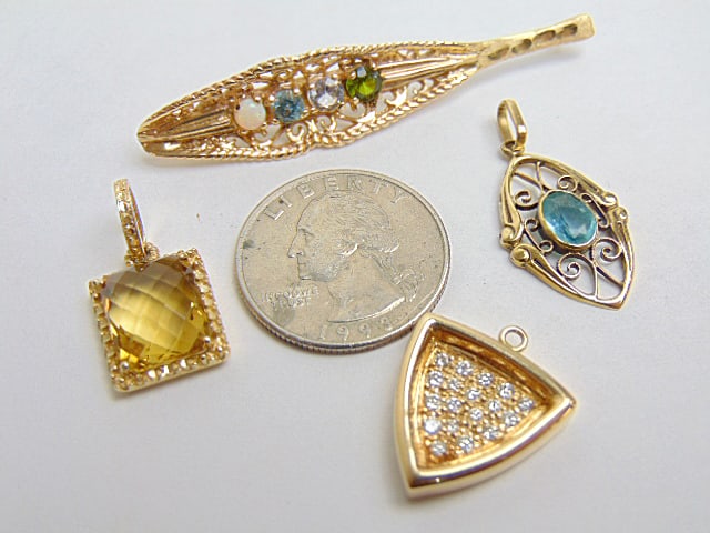 Jewelry. (3) Gold pendants & (1) Gold pin hallmark 14k w/ gemstones, opal, peridot, white topaz or (1 of 4)