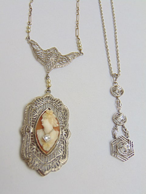 Jewelry. (2) Gold necklaces, white gold diamond necklace hallmark 14k w/ three small set diamonds (1 of 5)