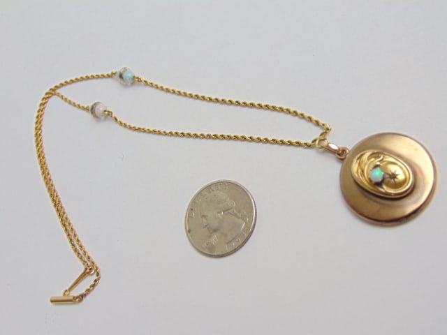 Jewelry. Gold necklace, 14k rope chain soldered to locket w/ opals, chain tested for 14kt gold, (1 of 4)