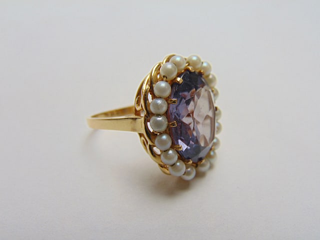 Jewelry. Vintage Gold Amethyst & pearl ring, hallmark 14k, 5.65 grams, center oval stone surrounded (1 of 5)