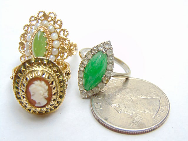 Jewelry. (3) Gold Vintage rings 14k gold cameo, 6.95 grams, size 5; navette jade? diamond ring (1 of 7)