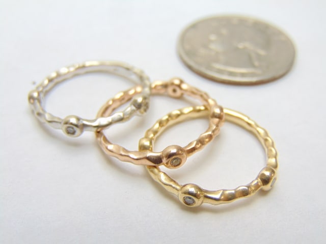 Jewelry. (3) Gold bands w/ bezel set diamonds, rose, white, & yellow gold, hallmark 14k, (1 of 2)