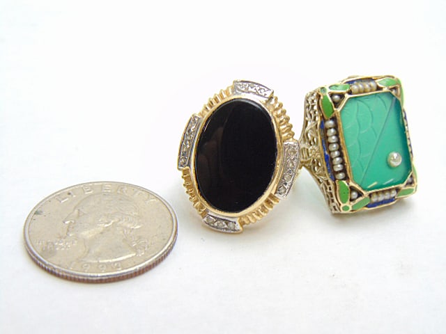 Jewelry. (2) Vintage rings, 14kt white gold filigree Art Deco green onyx enamel pearl ring, 5.44: Jewelry. (2) Vintage rings, 14kt white gold filigree Art Deco green onyx enamel pearl ring, 5.44 grams, size 4, & black onyx yellow gold diamond accent ring, 6.40 grams, size 5 1/2