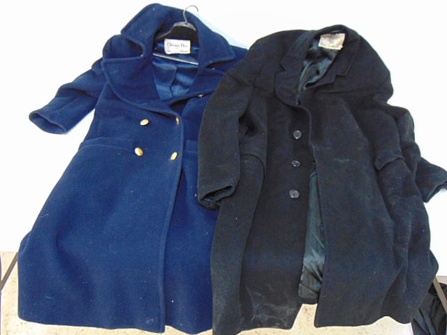 2 designer coats, Christian Dior coat in dark blue with brass buttons, 42" long, shoulders are 16.6" (1 of 8)