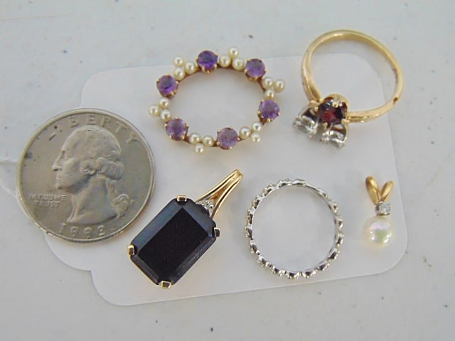 Jewelry. Gold lot of misc. 14kt gold, small diamond band, 1.10 grams, size 4 1/2, tested 14k, white (1 of 2)