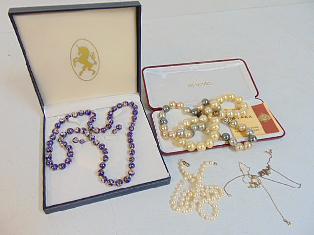 Jewelry. Misc lot of faux pearls, two gold filled chains, & cloisonne necklace with matching (1 of 4)