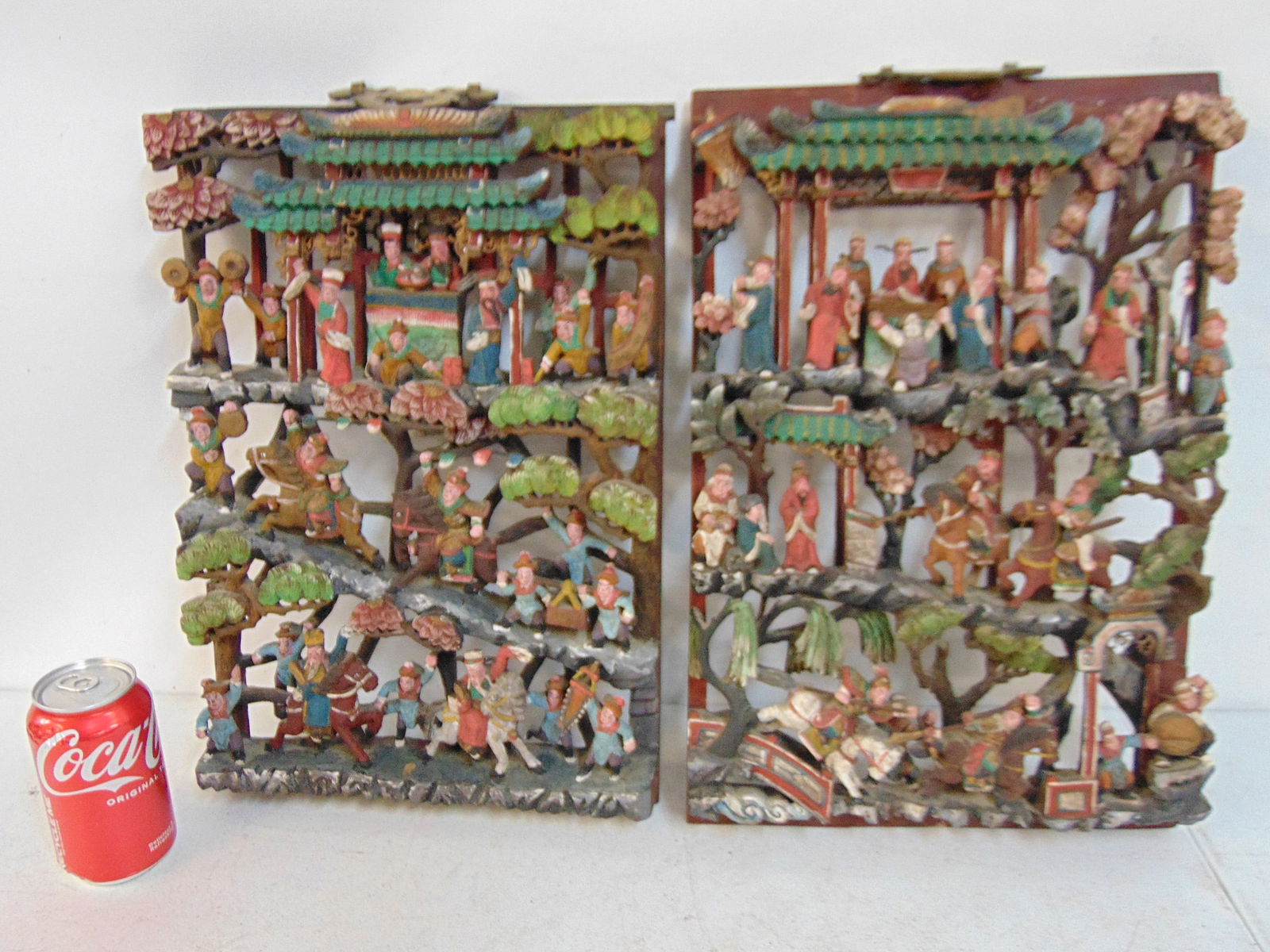 2 Chinese high relief polychrome carved panels depicting folk legends, 19th Century, each panel ism1 (1 of 11)