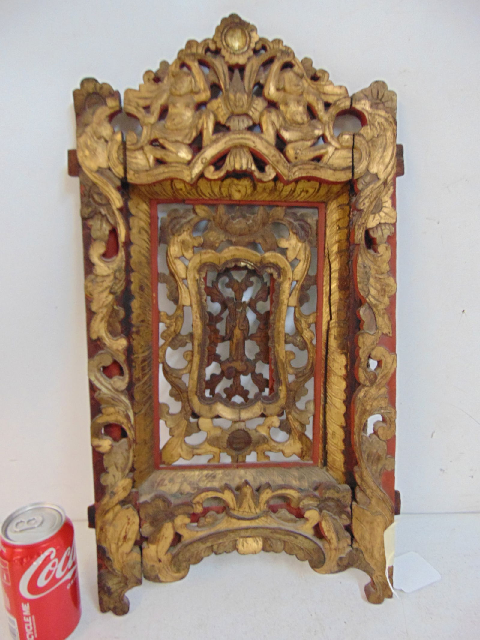 Carved Chinese panel in gilt & ed, ancient figure in center, 23" by 12.5" (1 of 5)